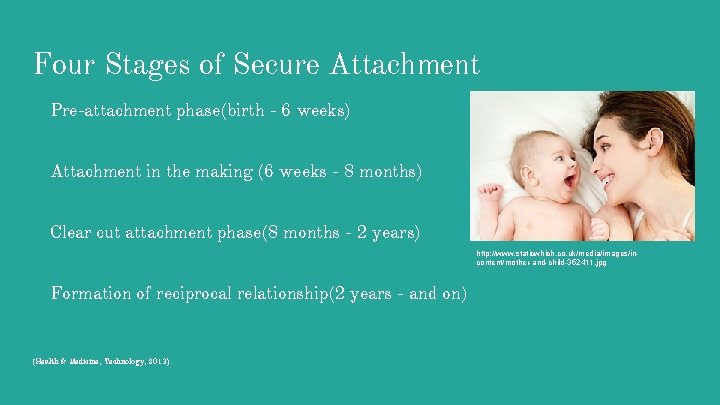 Four Stages of Secure Attachment Pre-attachment phase(birth - 6 weeks) Attachment in the making
