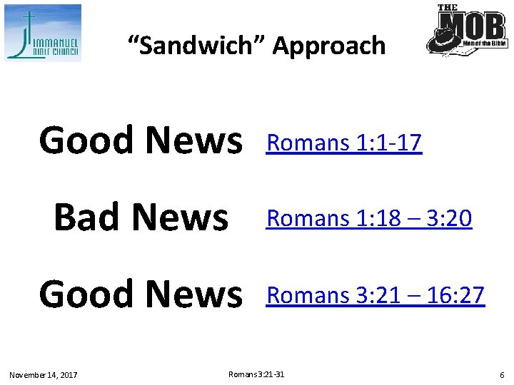 “Sandwich” Approach Good News Romans 1: 1 -17 Bad News Romans 1: 18 –