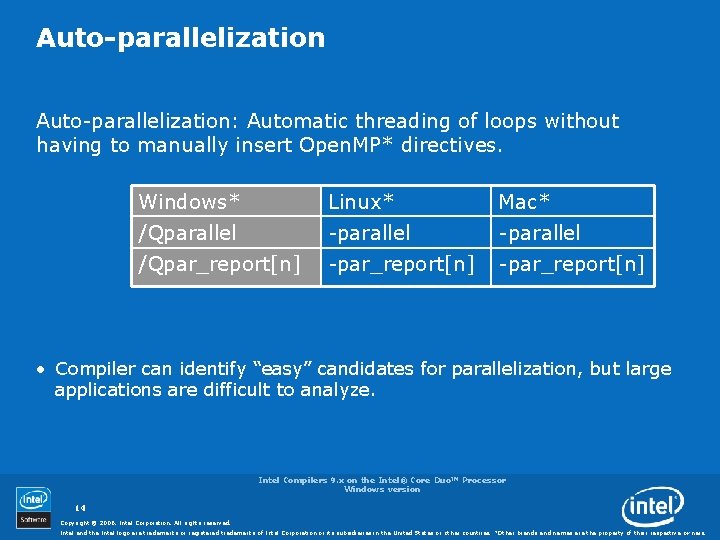 Auto-parallelization: Automatic threading of loops without having to manually insert Open. MP* directives. Windows*