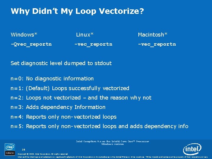 Why Didn’t My Loop Vectorize? Windows* Linux* Macintosh* -Qvec_reportn -vec_reportn Set diagnostic level dumped