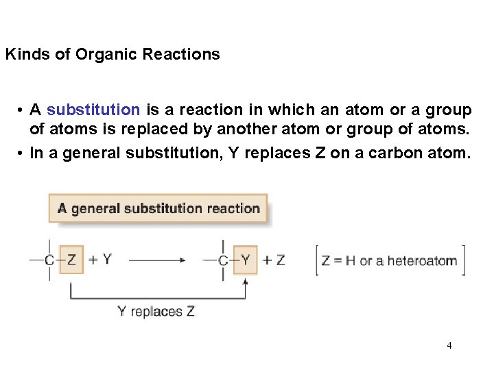 Kinds of Organic Reactions • A substitution is a reaction in which an atom