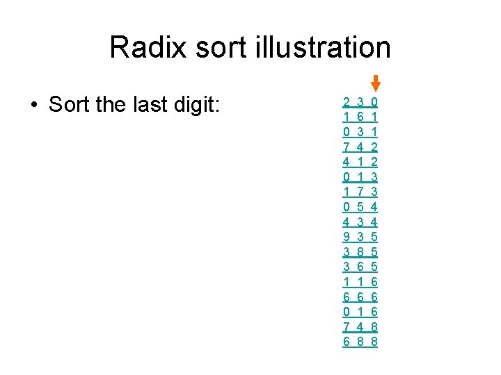 Radix sort illustration • Sort the last digit: 2 1 0 7 4 0