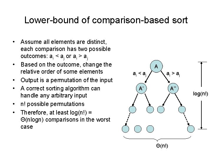 Lower-bound of comparison-based sort • Assume all elements are distinct, each comparison has two