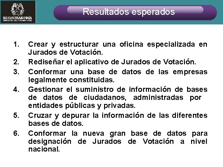 Resultados esperados 1. 2. 3. 4. 5. 6. Crear y estructurar una oficina especializada