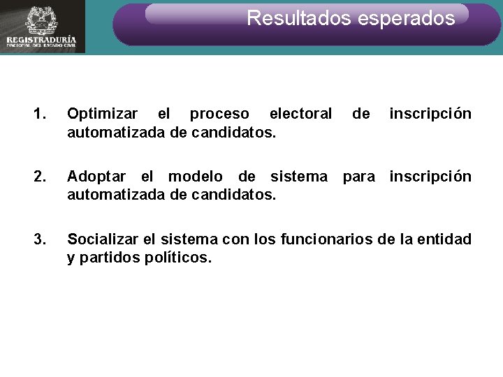 Resultados esperados 1. Optimizar el proceso electoral automatizada de candidatos. 2. Adoptar el modelo