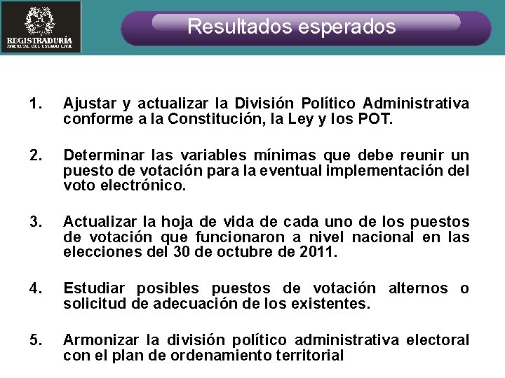 Resultados esperados 1. Ajustar y actualizar la División Político Administrativa conforme a la Constitución,