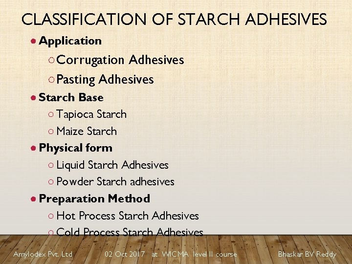 CLASSIFICATION OF STARCH ADHESIVES ● Application ○Corrugation Adhesives ○Pasting Adhesives ● Starch Base ○