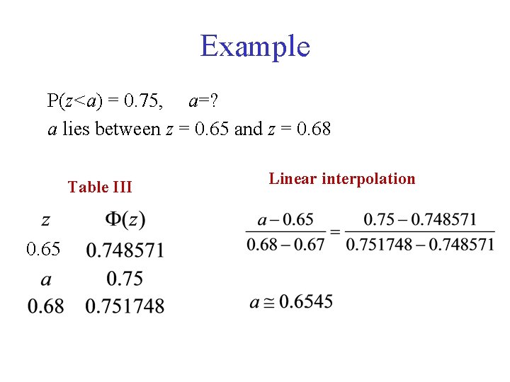 Example P(z<a) = 0. 75, a=? a lies between z = 0. 65 and