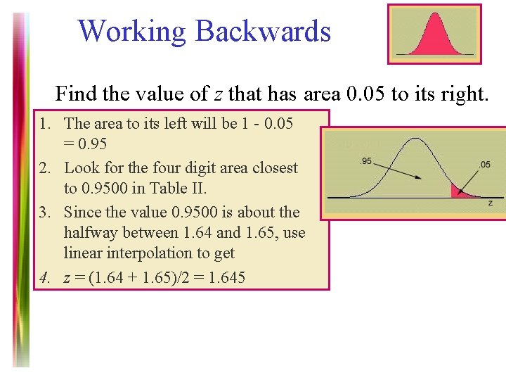 Working Backwards Find the value of z that has area 0. 05 to its