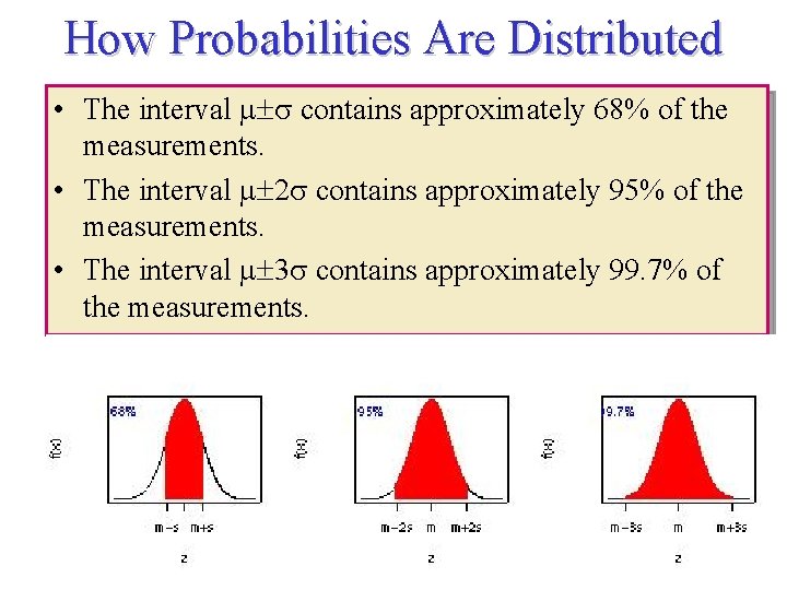 How Probabilities Are Distributed • The interval contains approximately 68% of the measurements. •