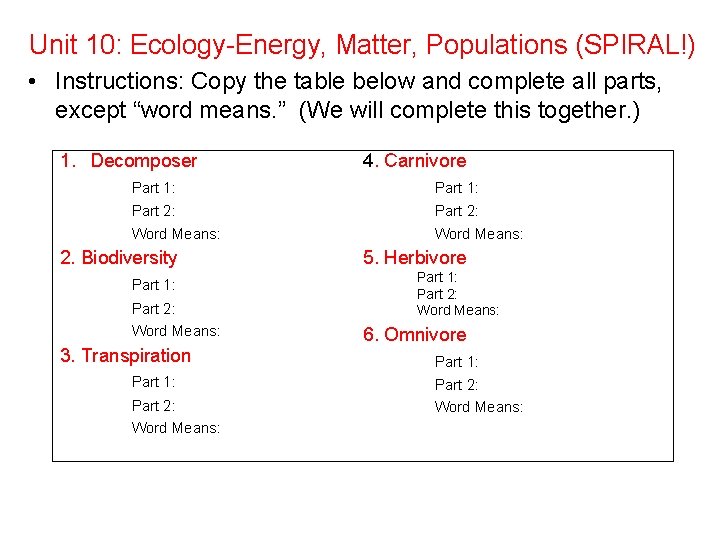 Unit 10: Ecology-Energy, Matter, Populations (SPIRAL!) • Instructions: Copy the table below and complete