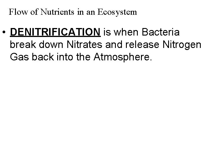 Flow of Nutrients in an Ecosystem • DENITRIFICATION is when Bacteria break down Nitrates