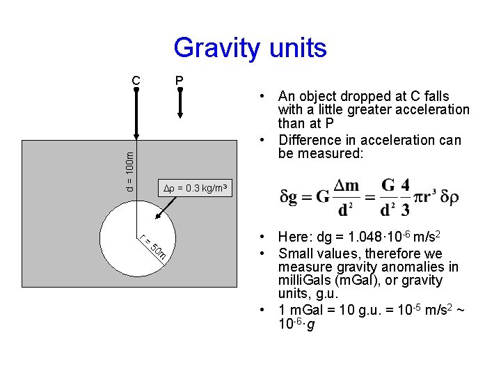 Gravity units C P d = 100 m • An object dropped at C