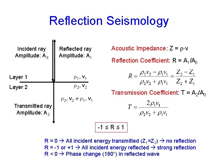 Reflection Seismology Incident ray Amplitude: A 0 Reflected ray Amplitude: A 1 Layer 1