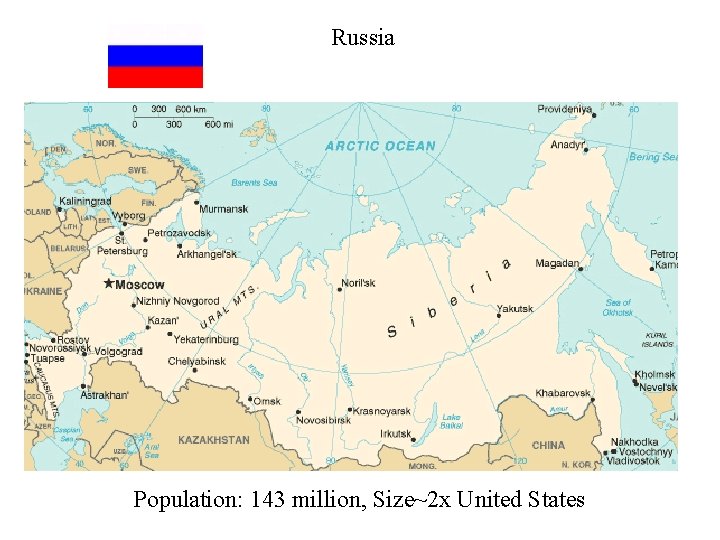 Russia Population: 143 million, Size~2 x United States 