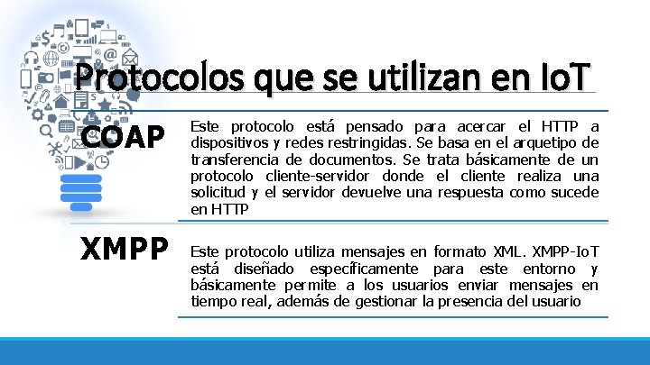 Protocolos que se utilizan en Io. T COAP XMPP Este protocolo está pensado para