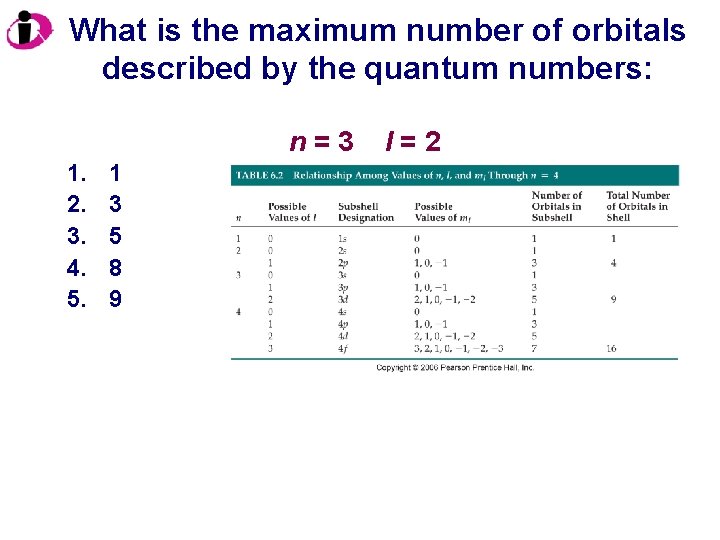 What is the maximum number of orbitals described by the quantum numbers: n=3 1.