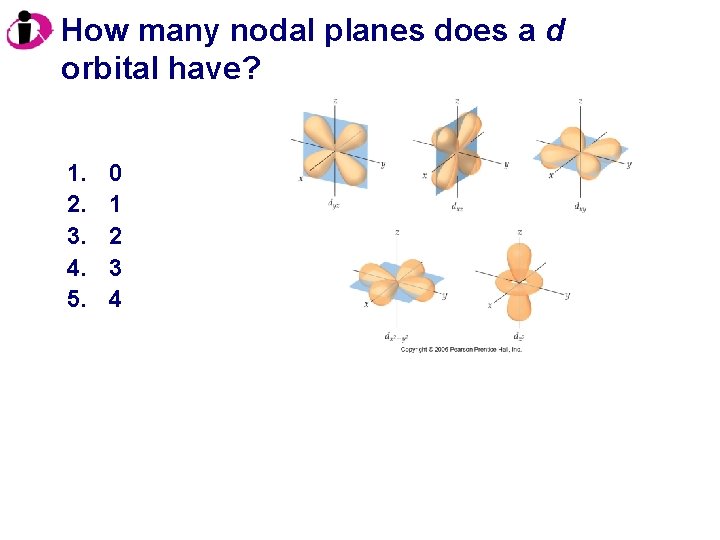 How many nodal planes does a d orbital have? 1. 2. 3. 4. 5.