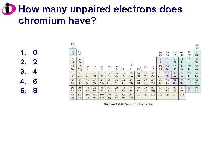 How many unpaired electrons does chromium have? 1. 2. 3. 4. 5. 0 2