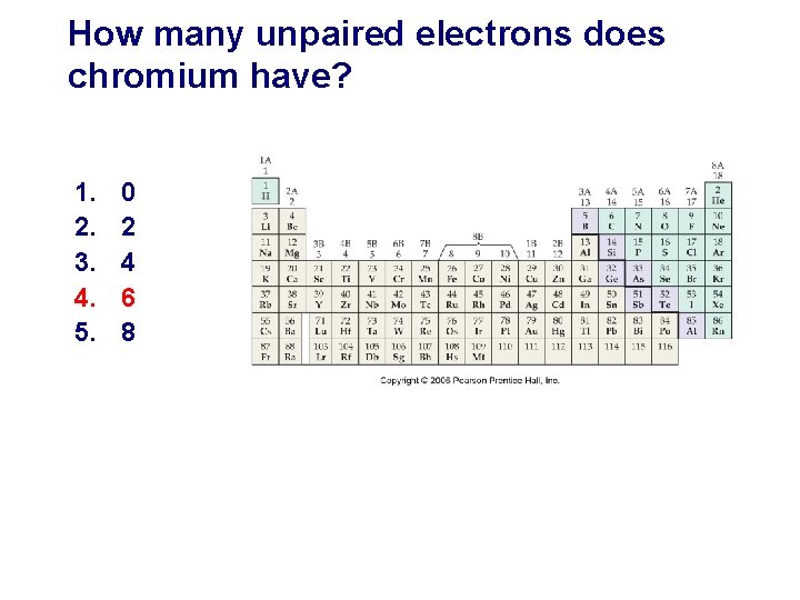 How many unpaired electrons does chromium have? 1. 2. 3. 4. 5. 0 2