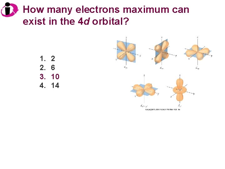 How many electrons maximum can exist in the 4 d orbital? 1. 2. 3.