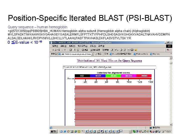 Position-Specific Iterated BLAST (PSI-BLAST) Query sequence – human hemoglobin >gi|57013850|sp|P 69905|HBA_HUMAN Hemoglobin alpha subunit