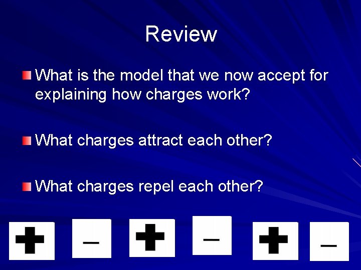 Review What is the model that we now accept for explaining how charges work?