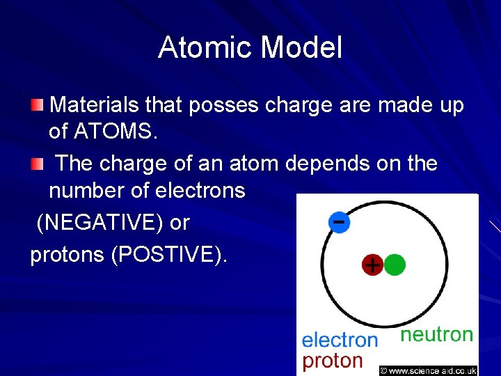 Atomic Model Materials that posses charge are made up of ATOMS. The charge of