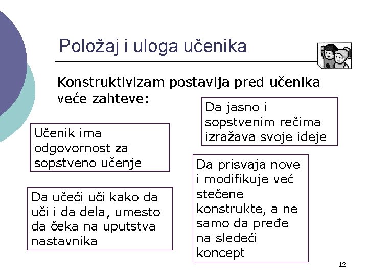 Položaj i uloga učenika Konstruktivizam postavlja pred učenika veće zahteve: Učenik ima odgovornost za