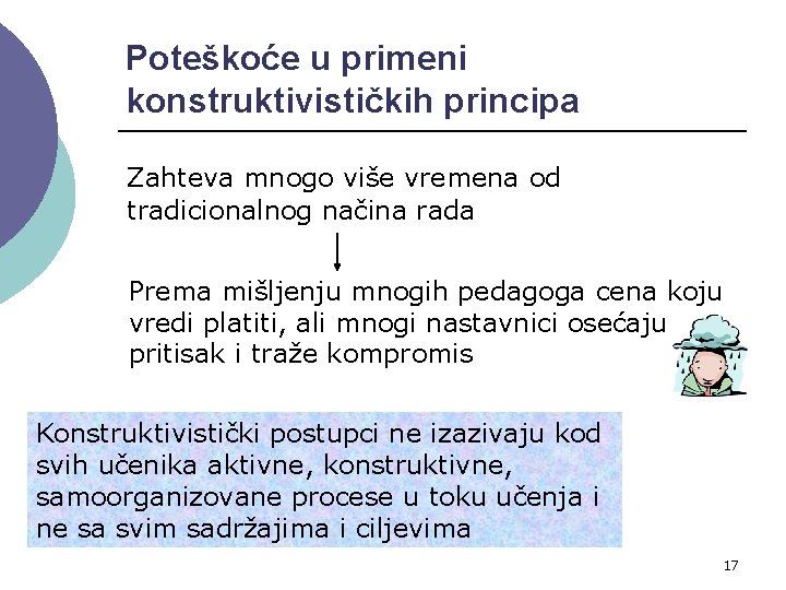 Poteškoće u primeni konstruktivističkih principa Zahteva mnogo više vremena od tradicionalnog načina rada Prema