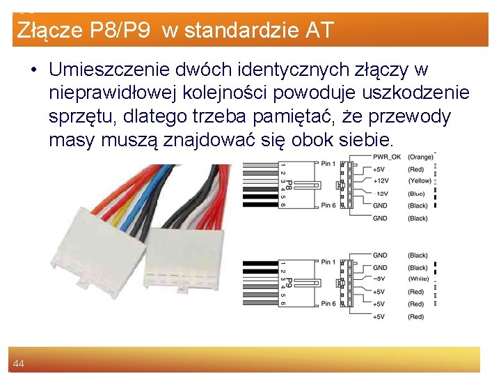 Złącze P 8/P 9 w standardzie AT • Umieszczenie dwóch identycznych złączy w nieprawidłowej