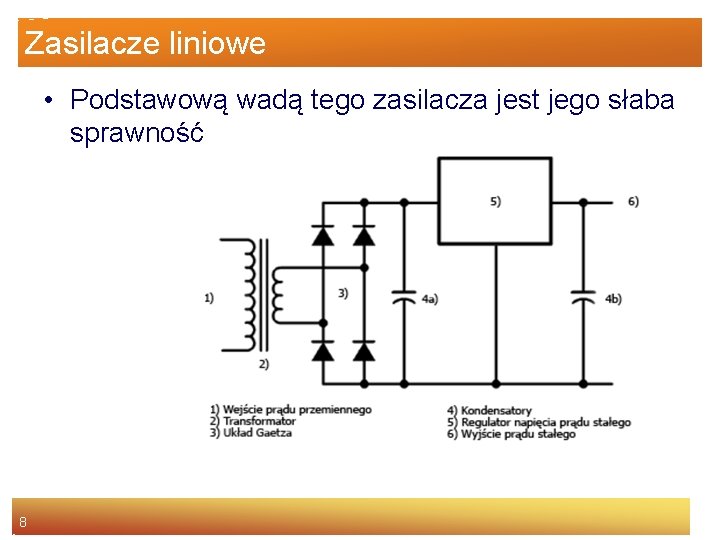 Zasilacze liniowe • Podstawową wadą tego zasilacza jest jego słaba sprawność 8 