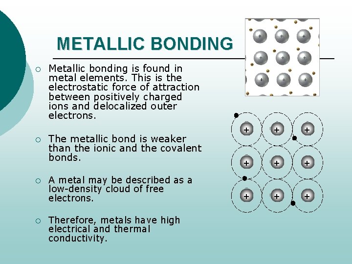 METALLIC BONDING ¡ ¡ Metallic bonding is found in metal elements. This is the