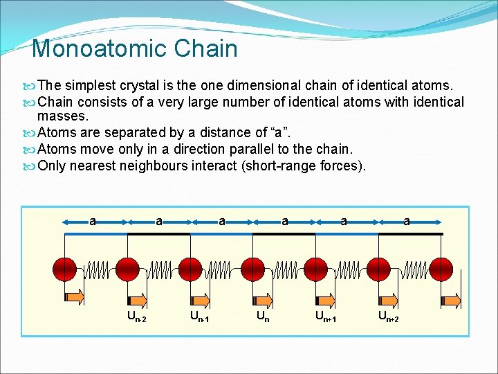 Monoatomic Chain The simplest crystal is the one dimensional chain of identical atoms. Chain