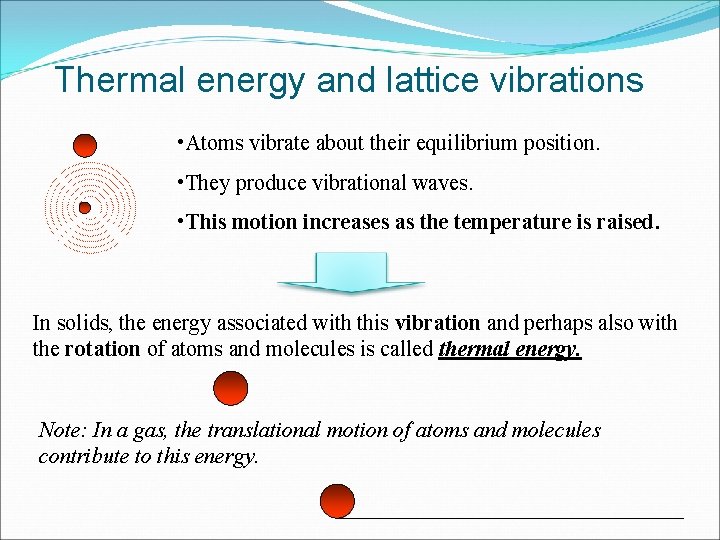 Thermal energy and lattice vibrations • Atoms vibrate about their equilibrium position. • They