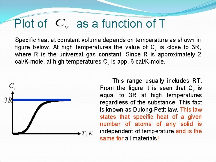 Plot of as a function of T Specific heat at constant volume depends on