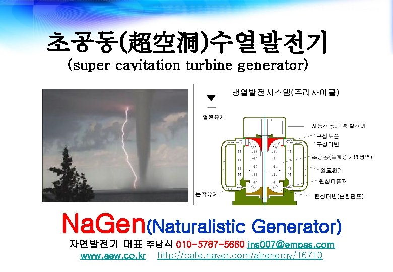 초공동(超空洞)수열발전기 (super cavitation turbine generator) Na. Gen(Naturalistic Generator) 자연발전기 대표 주남식 010 -5787 -5660