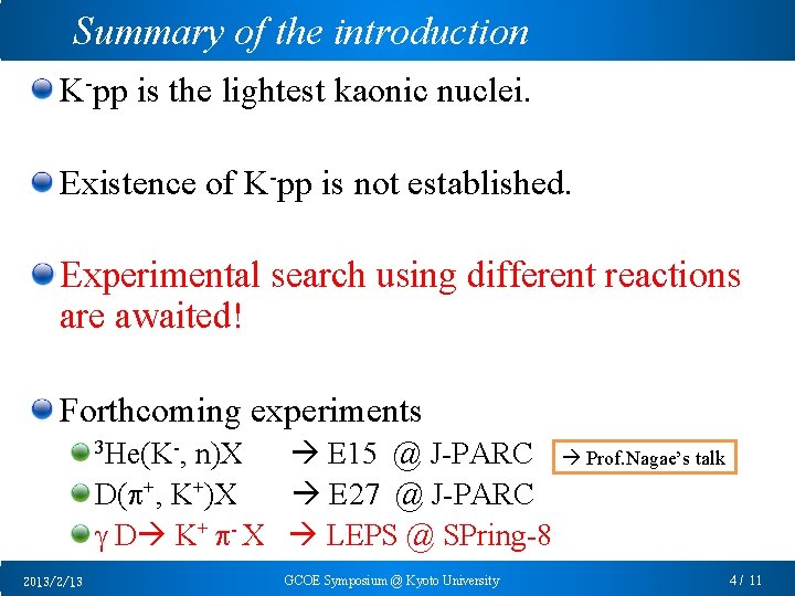 Summary of the introduction K-pp is the lightest kaonic nuclei. Existence of K-pp is