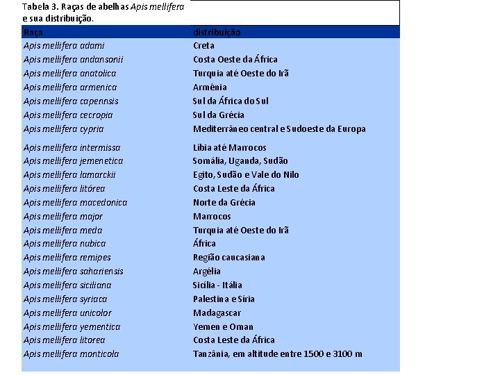 Tabela 3. Raças de abelhas Apis mellifera e sua distribuição. Raça Apis mellifera adami