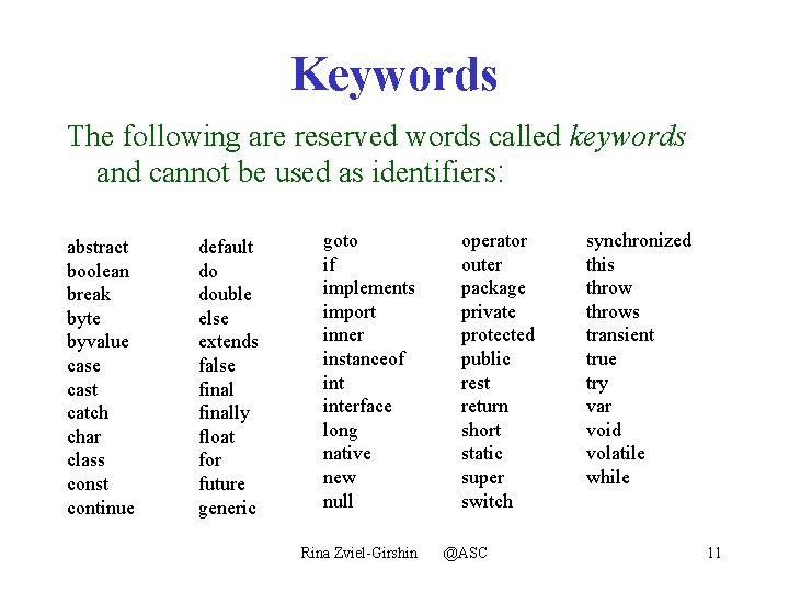 Keywords The following are reserved words called keywords and cannot be used as identifiers: