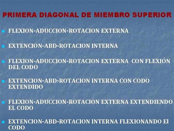 PRIMERA DIAGONAL DE MIEMBRO SUPERIOR n FLEXION-ADUCCION-ROTACION EXTERNA n EXTENCION-ABD-ROTACION INTERNA n n FLEXION-ADUCCION-ROTACION