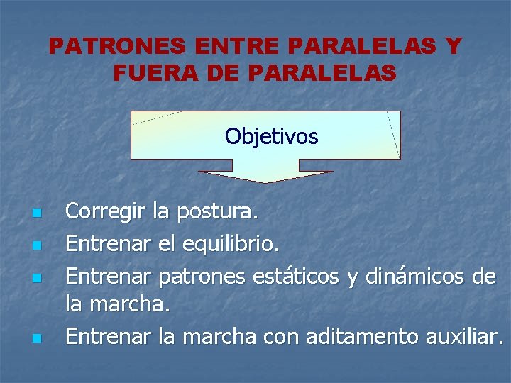 PATRONES ENTRE PARALELAS Y FUERA DE PARALELAS Objetivos n n Corregir la postura. Entrenar
