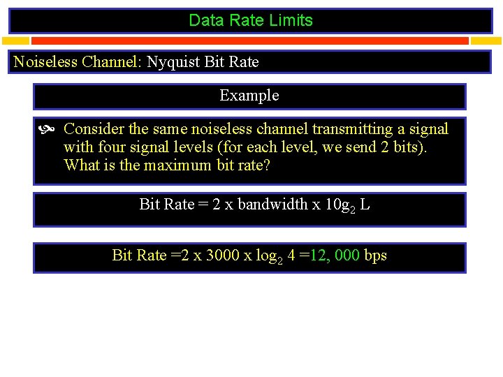 Data Rate Limits Noiseless Channel: Nyquist Bit Rate Example Consider the same noiseless channel