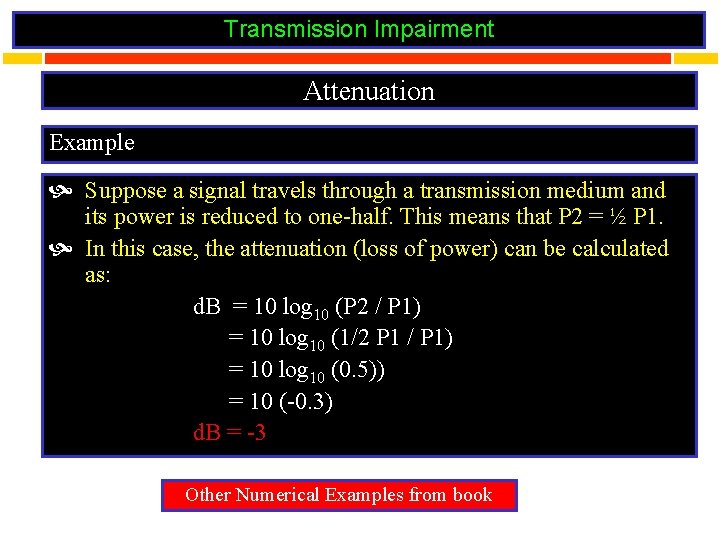 Transmission Impairment Attenuation Example Suppose a signal travels through a transmission medium and its