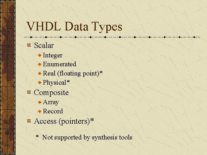 VHDL Data Types Scalar Integer Enumerated Real (floating point)* Physical* Composite Array Record Access