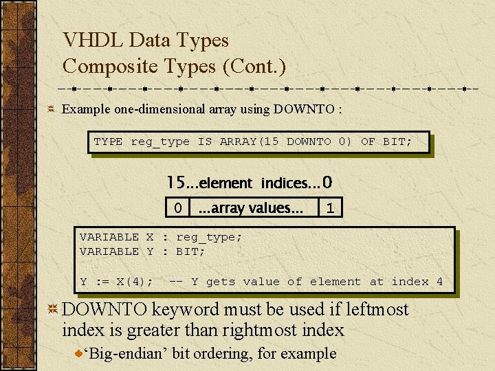 VHDL Data Types Composite Types (Cont. ) Example one-dimensional array using DOWNTO : TYPE