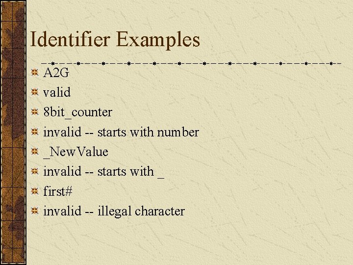 Identifier Examples A 2 G valid 8 bit_counter invalid -- starts with number _New.