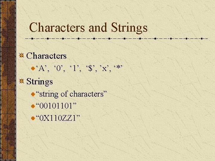 Characters and Strings Characters ‘A’, ‘ 0’, ‘ 1’, ‘$’, ’x’, ‘*’ Strings “string