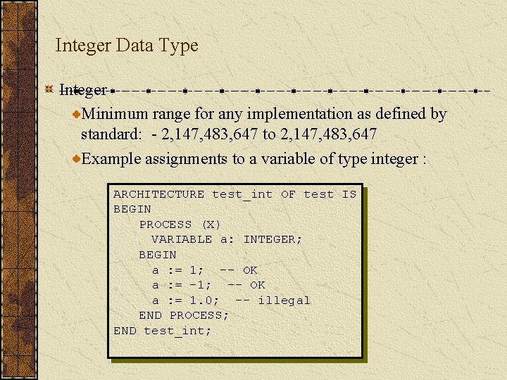 Integer Data Type Integer Minimum range for any implementation as defined by standard: -