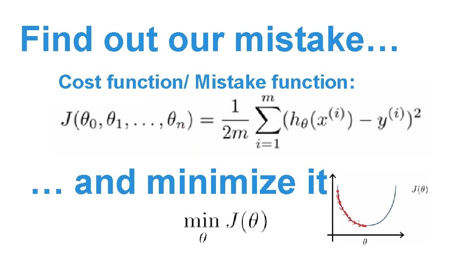 Find out our mistake… Cost function/ Mistake function: … and minimize it: Find out our mistake… Cost function/ Mistake function: … and minimize it: